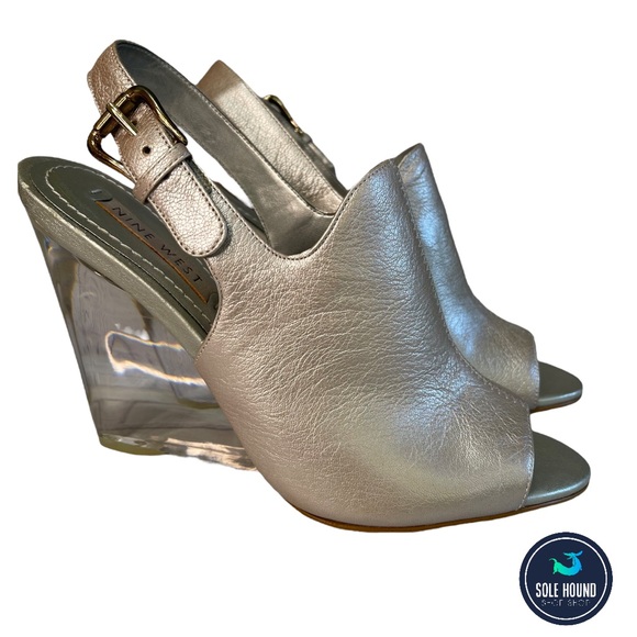 Nine West Shoes - Nine West | Tobago Leather Slingback Clear Lucite Wedge Heels Silver Size 7.5 M